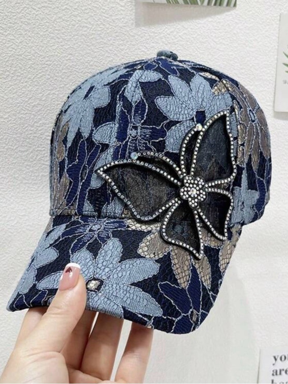 Navy Floral Embroidered Baseball Cap with Rhinestone Flower Accent